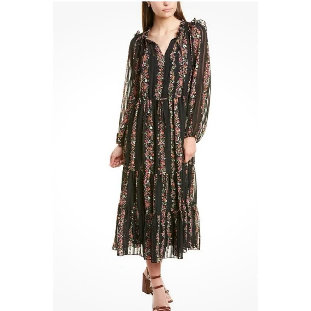 JULIA JORDAN Floral Stripe Print Ruffle-Trim Pleated Drawstring Dress Size 4